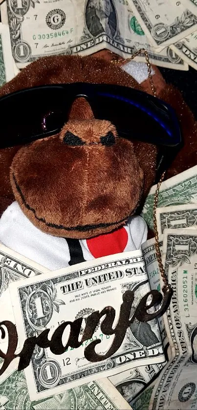 Plush monkey with sunglasses surrounded by dollar bills.