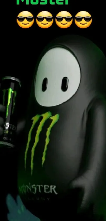 Cute black character with Monster Energy can as wallpaper.