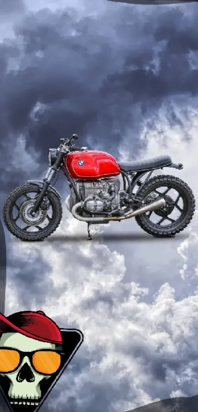 Red motorcycle and skull design on cloudy sky wallpaper.