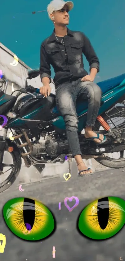 Man sitting on motorcycle with heart graphics.