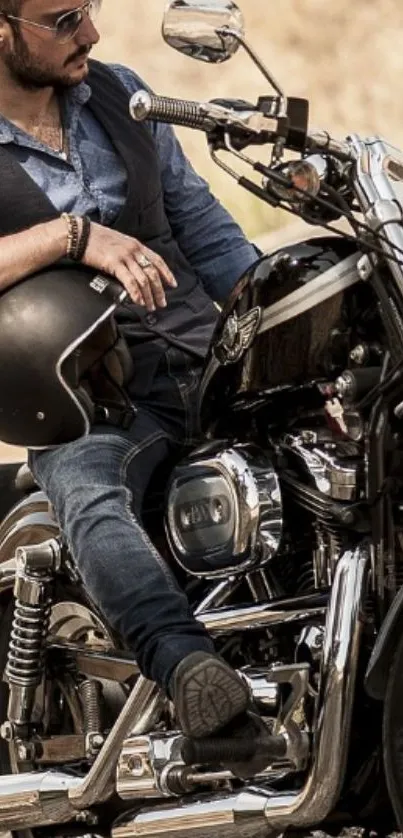 Man in sunglasses on motorcycle, wearing a leather vest in outdoor setting.