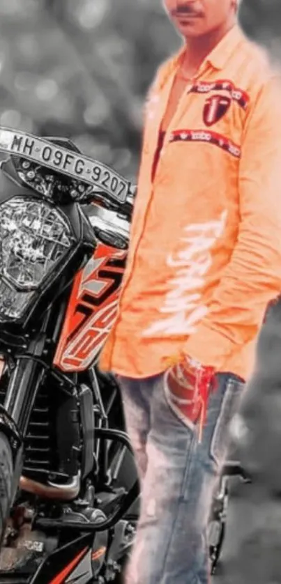 Man in orange shirt posing with motorcycle in urban setting.