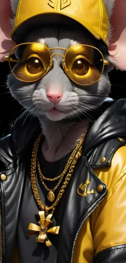 Stylish mouse with gold sunglasses and leather jacket on wallpaper.