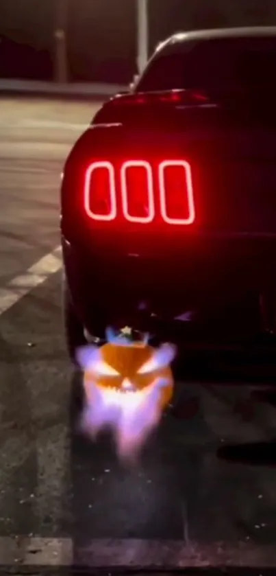 Sleek Mustang with glowing taillights and fiery exhaust at night.