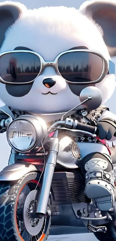 Panda wearing sunglasses riding a motorcycle.