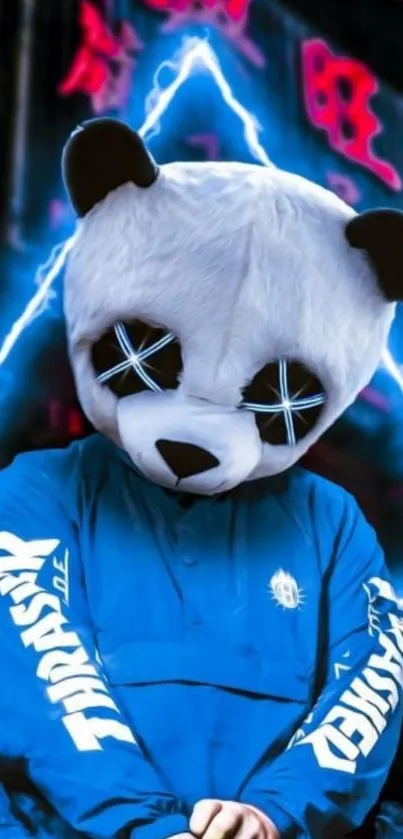 A panda in a blue neon hoodie with vibrant background.