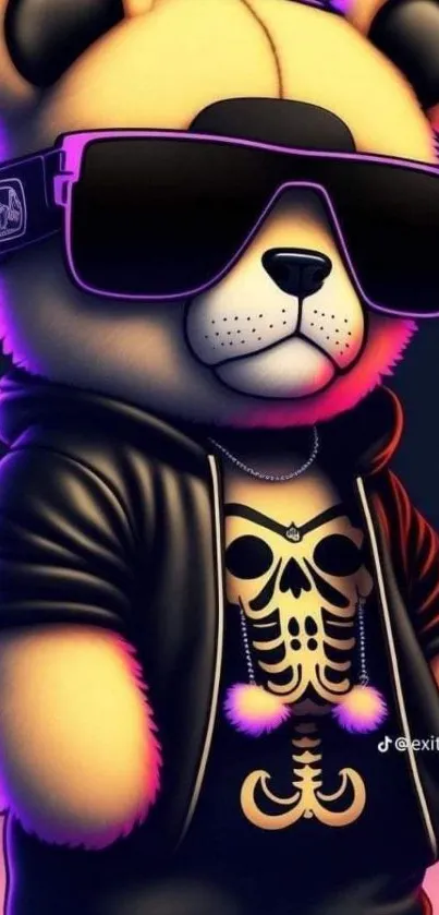 Stylish panda wearing sunglasses and a skeleton hoodie, ideal for mobile wallpaper.