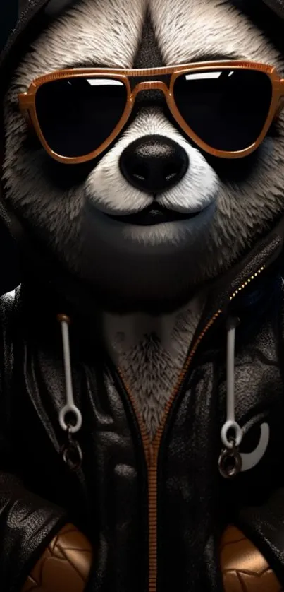 Cool panda wearing sunglasses and a leather jacket on a dark background.