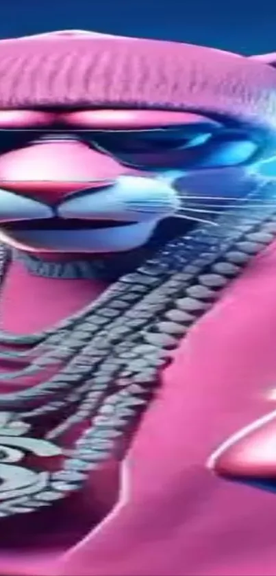 Pink panther wearing shades and chains in vibrant colors.