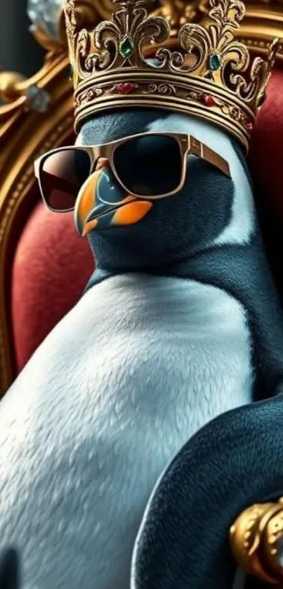 Penguin wearing a crown and sunglasses on a throne.