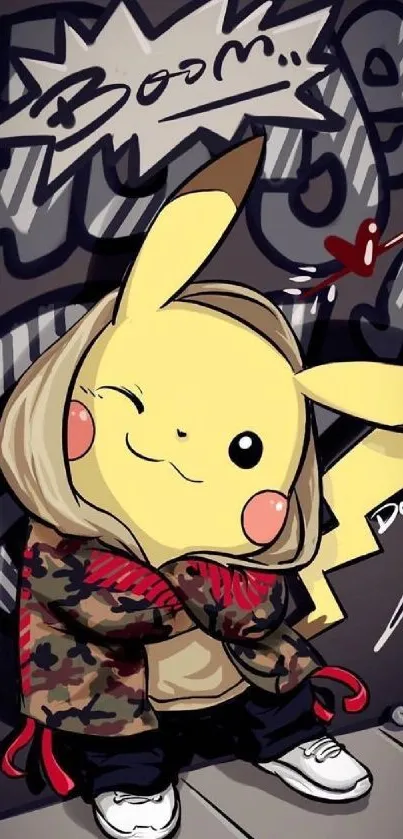 Pikachu in street-style graffiti art with hoodie and sneakers.