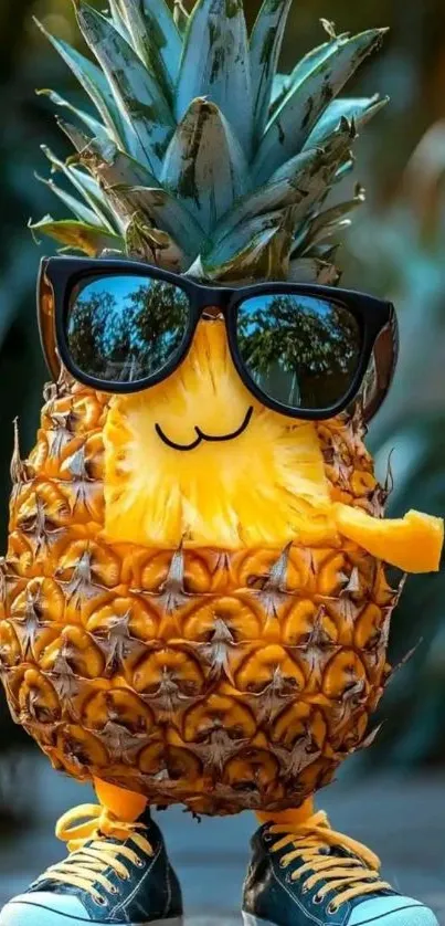 Cool cartoon pineapple wearing sunglasses and sneakers.