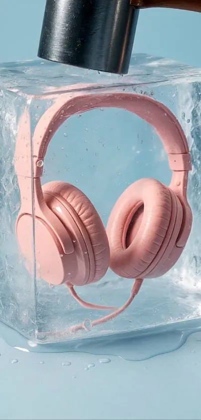 Pink headphones frozen in ice against a blue background.