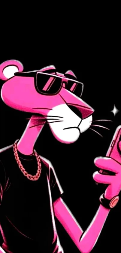 Pink cartoon panther with sunglasses and phone on black background.