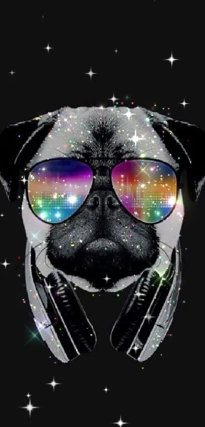 Cool pug with neon sunglasses and headphones on a black background.