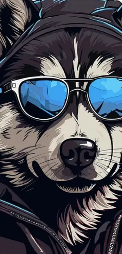 Illustrated raccoon with blue sunglasses in hoodie.