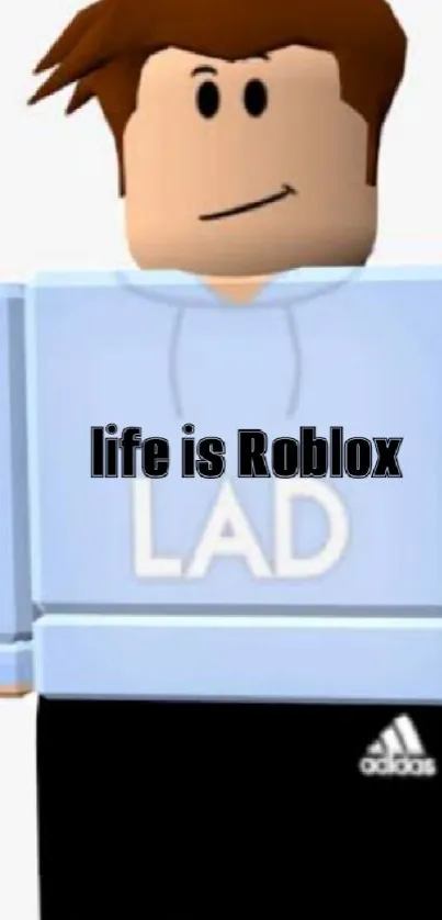 Roblox character in blue hoodie and black pants wallpaper.