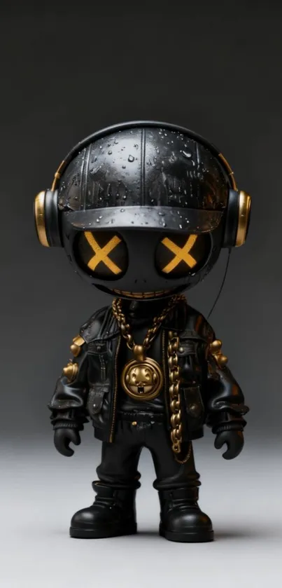 Cool black and gold robotic figurine wearing headphones.