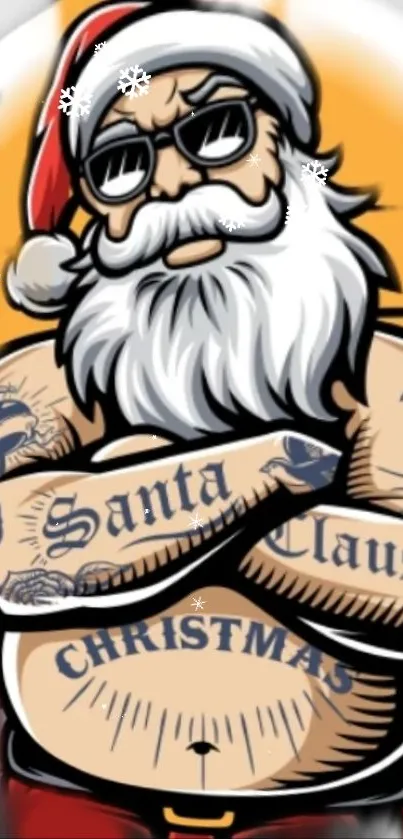 Illustrated Santa Claus with tattoos on a mobile wallpaper.