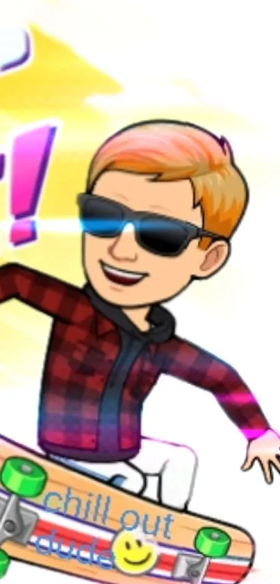 Cartoon skateboarder wearing sunglasses in vibrant colors.