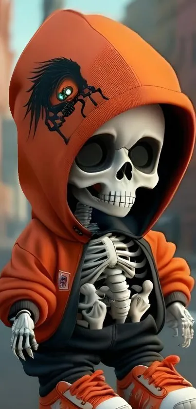 Skeleton in orange hoodie walking street wallpaper