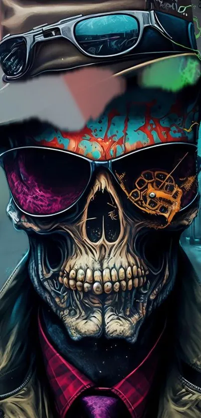 Vibrant skull with graffiti art in urban style, wearing sunglasses and hat.