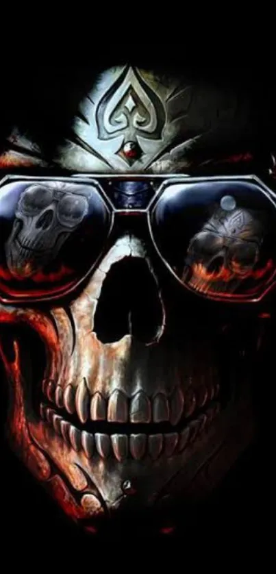 Skull wearing sunglasses with dark fiery background.