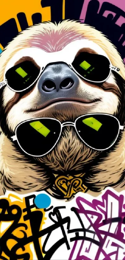 Sloth wearing sunglasses in graffiti art with colorful urban background.