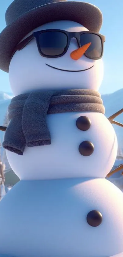 Chic snowman with sunglasses and hat in a snowy village.