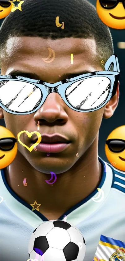 Soccer player with sunglasses and emojis on wallpaper.