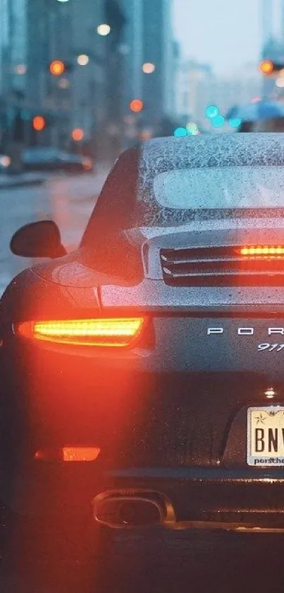 Rainy night cityscape with sleek sports car and vibrant taillights.