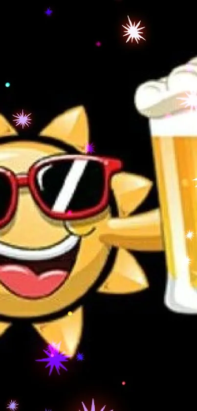 Smiling sun with sunglasses holding a beer mug.