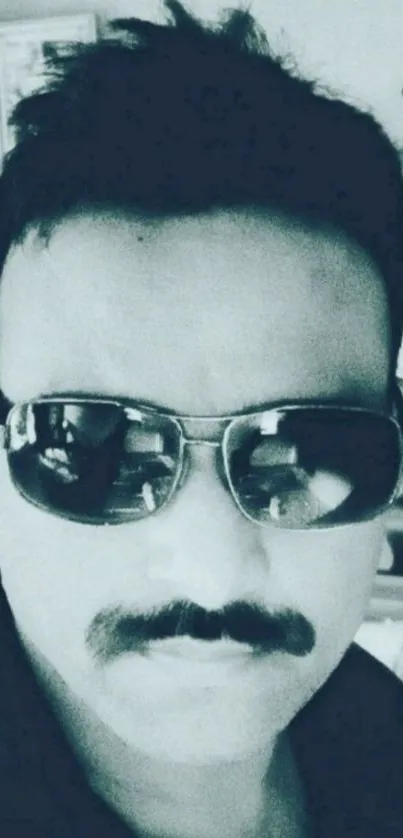 Monochrome image of a man wearing sunglasses.