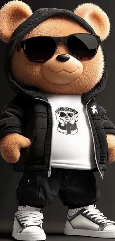 Teddy bear in sunglasses and jacket, stylish mobile wallpaper.