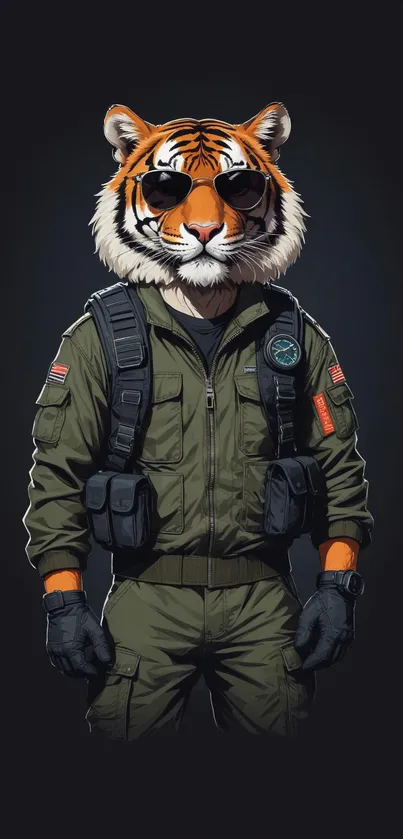 Stylized tiger in pilot attire with sunglasses on a dark background.