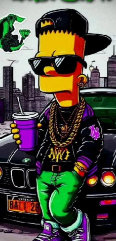 Cartoon character in urban outfit with car background.