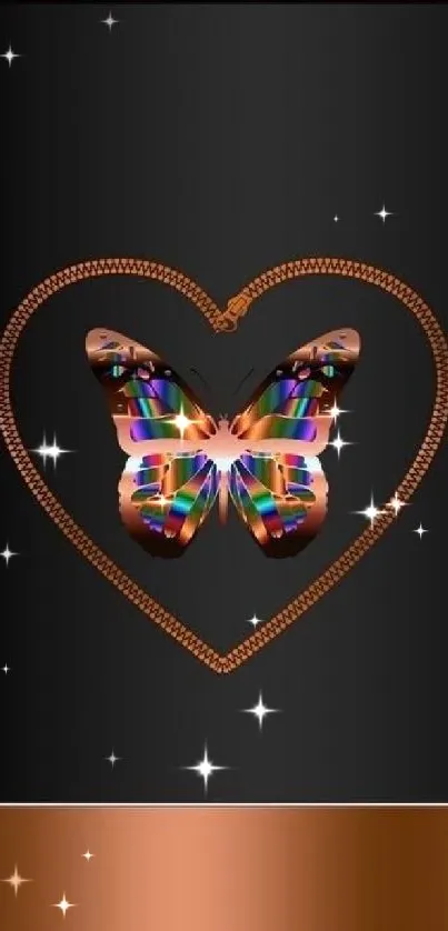 Copper heart with vibrant butterfly on black background wallpaper.