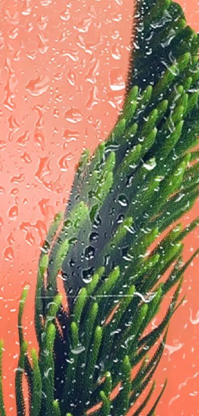 Coral and green nature wallpaper with rain-kissed leafy plant.