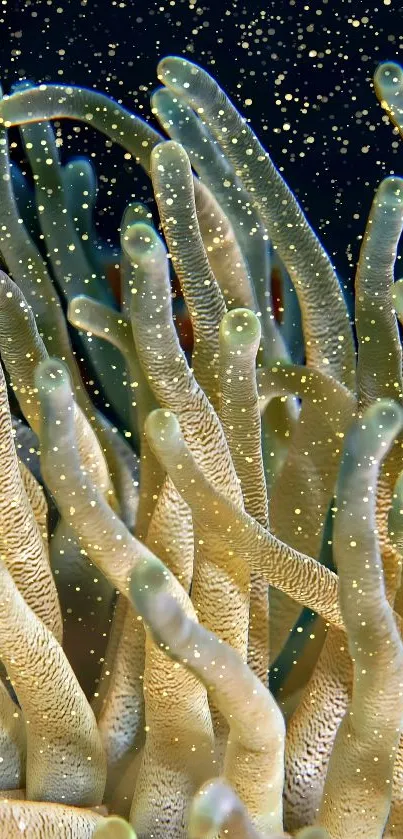 Close-up of colorful coral reef tentacles underwater.