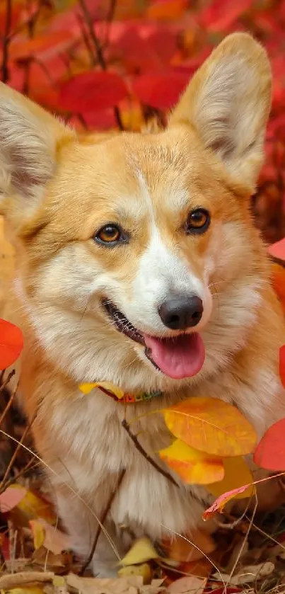 Corgi dog surrounded by colorful autumn leaves.