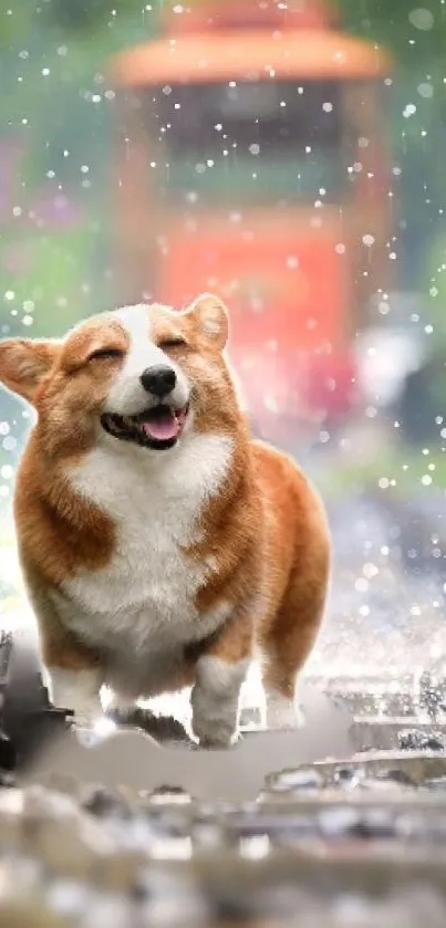 Corgi running on wet tracks with blurred train.