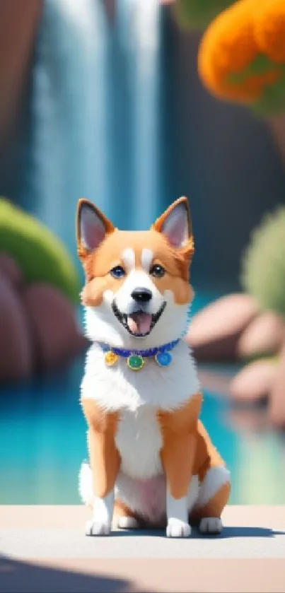 Corgi by a waterfall in vibrant nature setting.