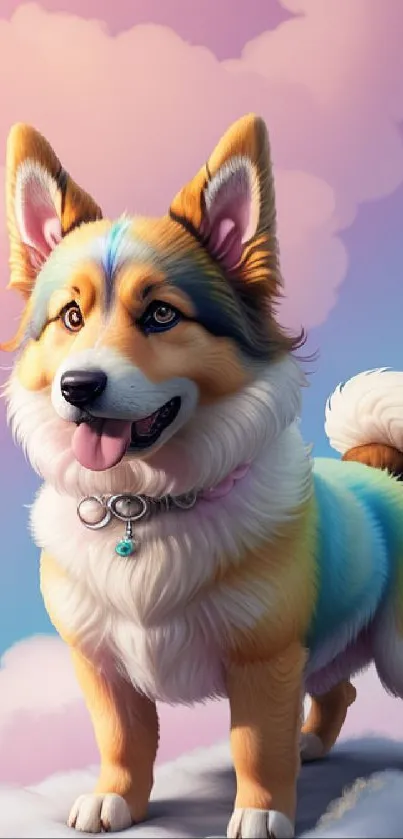 Colorful fantasy corgi in a vibrant sky with fluffy clouds as phone wallpaper.