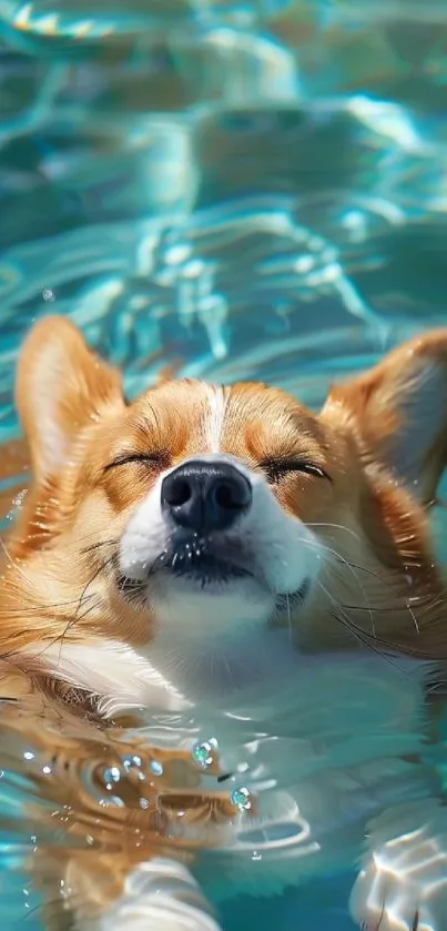 Corgi floating calmly in blue water.