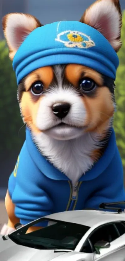 Cute corgi puppy in a blue hoodie with a car, perfect mobile wallpaper.