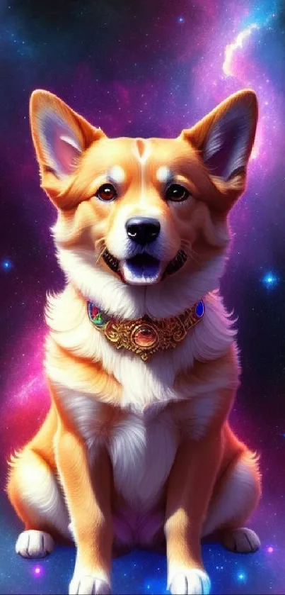 Cute corgi with cosmic galaxy background, vibrant colors.