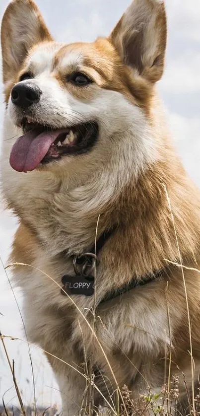 Corgi stands in natural field, smiling and panting.