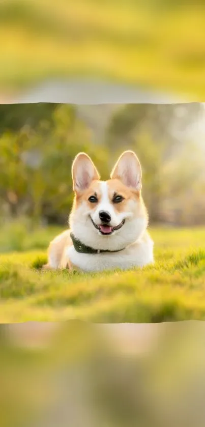 Corgi relaxing in a sunlit green field.