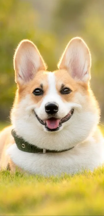 Happy corgi on green field, sunny day wallpaper.
