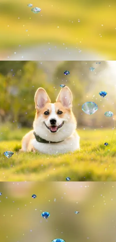 Smiling Corgi lying in sunny grassy field with sparkles.